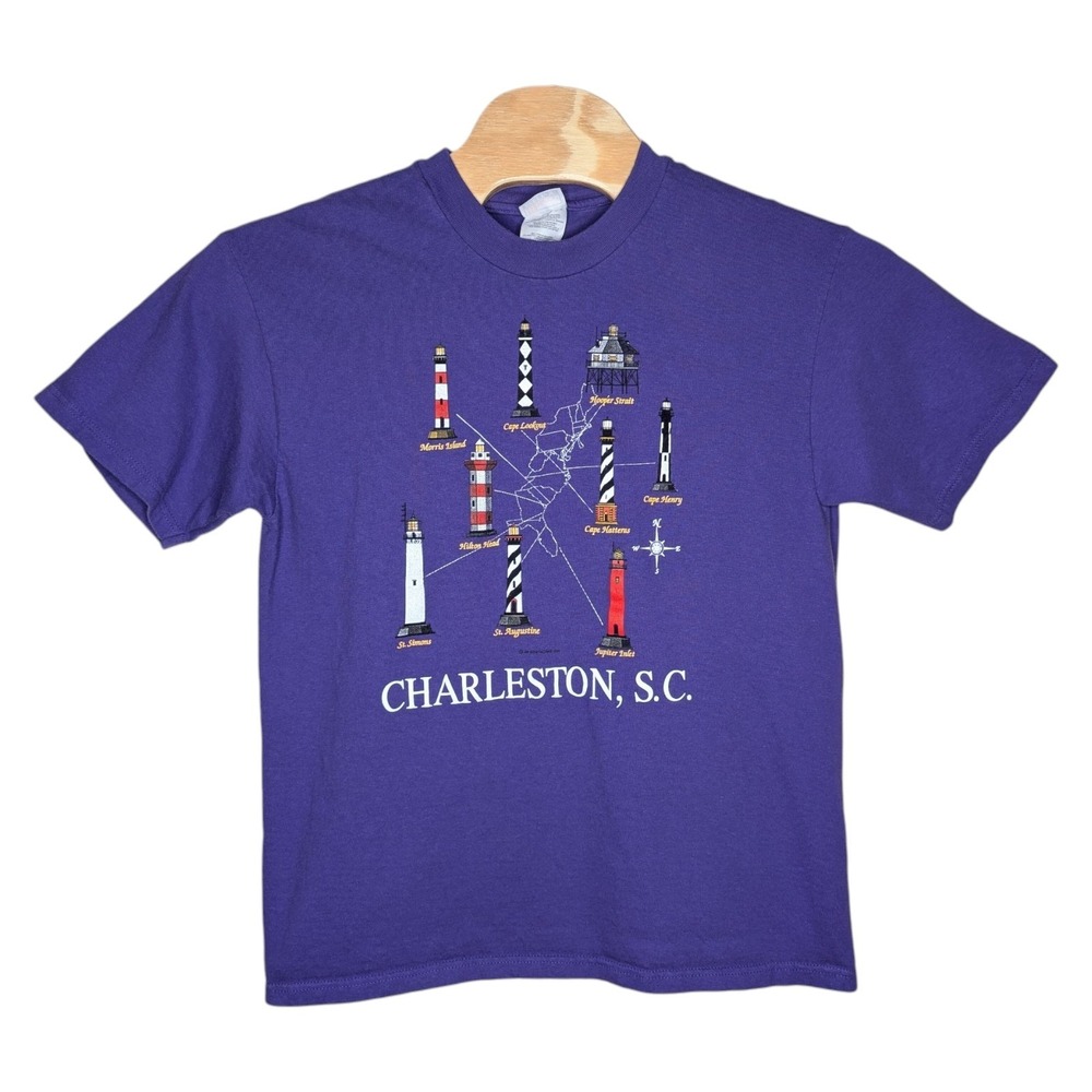 Vintage 90s Charleston SC Lighthouses T Shirt Large 42-44 Purple 1996 East Coast